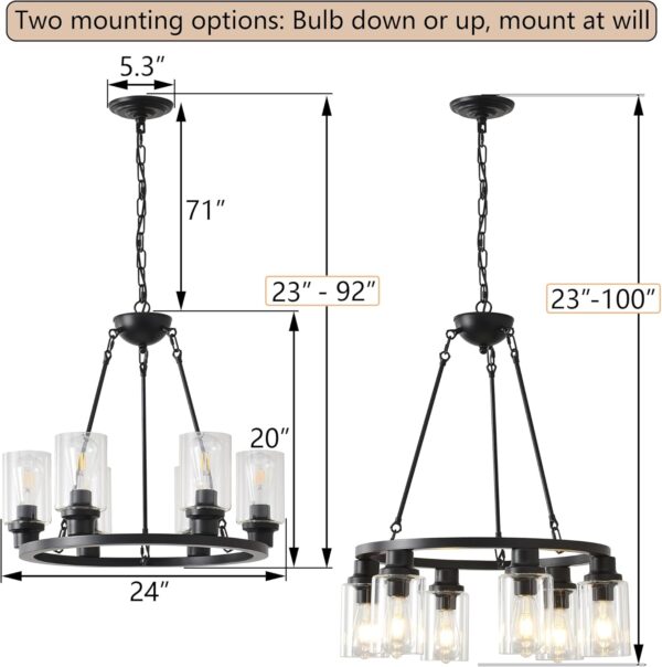 24“ Black Wagon Wheel Chandelier, 6-Light Farmhouse Glass Pendant Lights Kitchen Island Round Hanging Lighting fixtures Ceiling for Living Room, Dining Room, Kitchen Island, Entryway, Foyer - Image 6