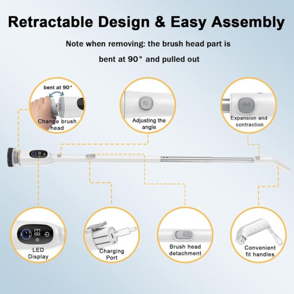 Electric Spin Scrubber, 2025 Upgraded Cordless Bathroom Scrubber, Aluminum Alloy Telescopic Handle, IPX7 Bathtub Electric Cleaning Tool, 3 Speeds Shower Cleaner Brush, 8 Brush Heads, LED Display - Image 9
