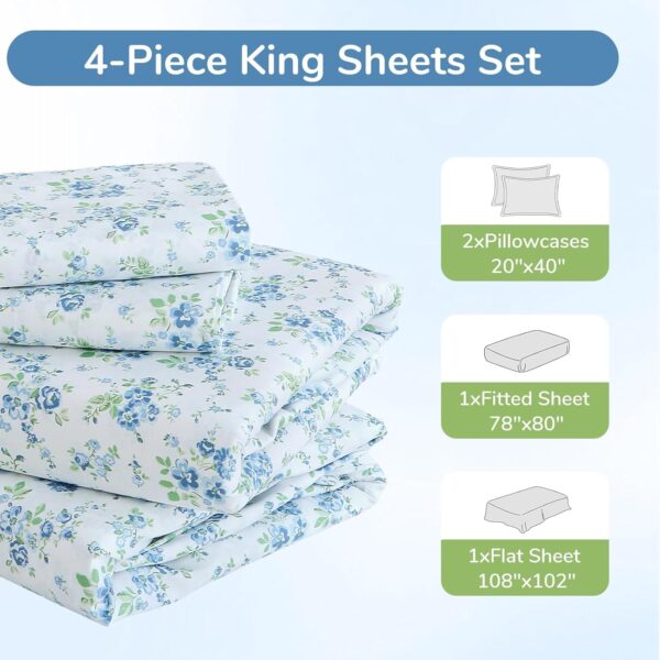 MUXHOMO King Size 4 Piece Sheet Set, Soft Breathable Bed Sheet Set for Bedroom with Deep Pocket Up to 16", Wrinkle-Free & Cooling Bedding for Oeko-TEX Certified - Blossoms Light Blue - Image 7