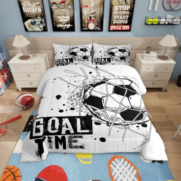 Erosebridal Kids Football Comforter Set Full Size American Soccer Bedding Set Sports Games Duvet Sets for Boys Girls Children Teens Geometric Polygon Quilt for Bedroom, Black White