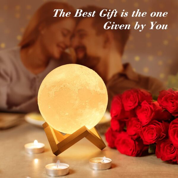 Mydethun 3D Moon Lamp with 5.9 Inch Wooden Base - Gift for Lover, LED Night Light, Mood Lighting with Touch Control Brightness for Home Décor, Bedroom, Women Kids Moonlight - White & Yellow - Image 2
