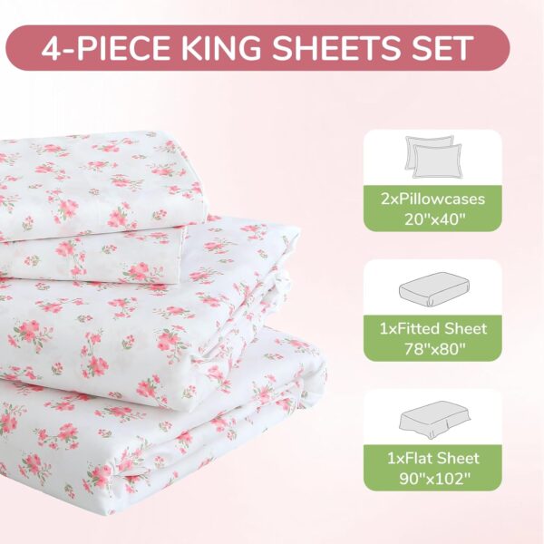 MUXHOMO King Size 4 Piece Sheet Set, Soft Breathable Bed Sheet Set for Bedroom with Deep Pocket Up to 16", Wrinkle-Free & Cooling Bedding for Oeko-TEX Certified - Blossoms Pink - Image 2