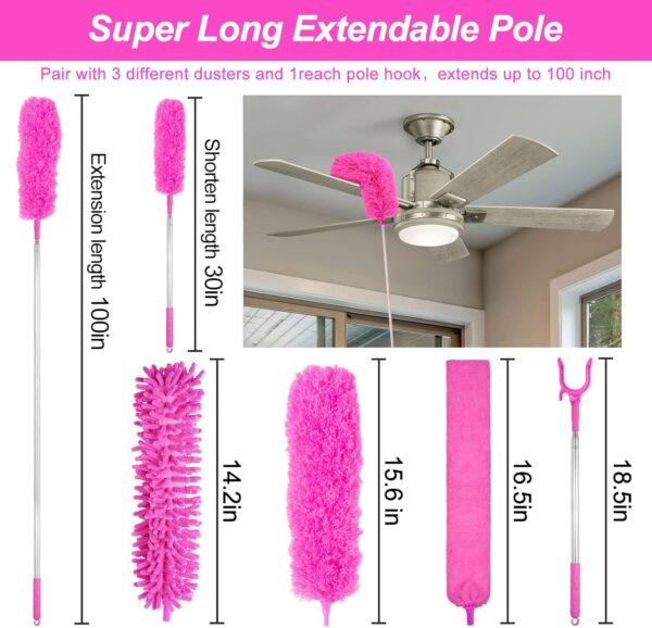 15PCS Microfiber Feather Duster Set Bendable & Washable with 100-inch Extension Pole Dusters for Cleaning High Ceiling Fan, Blinds, Cars, Furniture, Cleaning Tools Kit for Women - Image 2