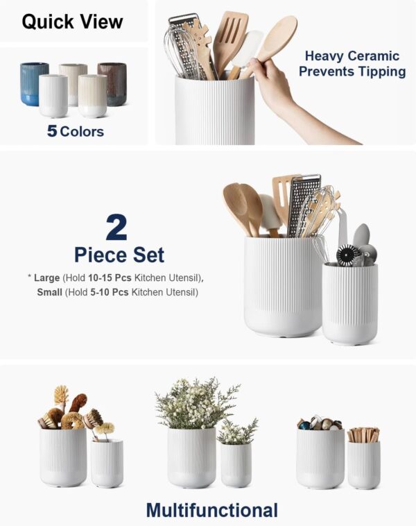 LE TAUCI Utensil Holder, 7.3"+5.4" Ceramic Kitchen Utensil Holder for Countertop, Large Cooking Utensil Crocks for Kitchen Counter, Morden Utensil Organizer for Spatula, Kitchen Decor, Set of 2, White - Image 2