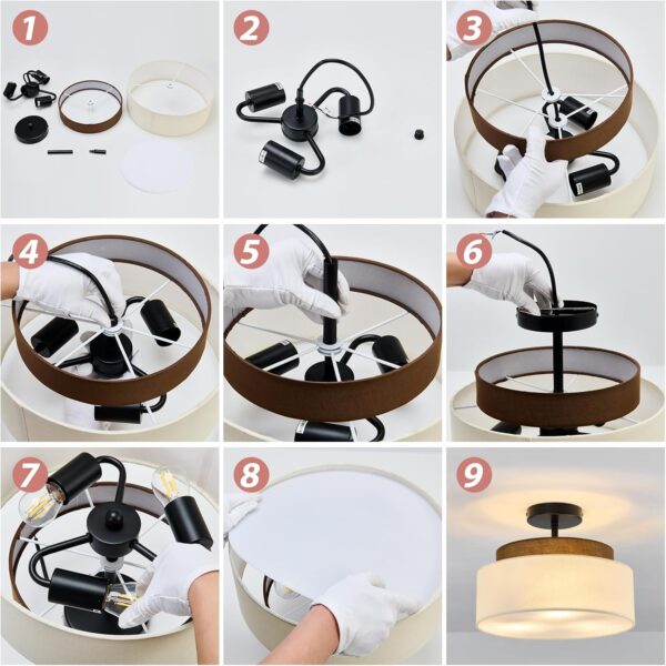 13" Double Drum 3-Light Semi Flush Mount Ceiling Light Fixture Farmhouse Fabric Chandelier with Linen Shade Rustic Black Ceiling Lamp for Bedroom Kitchen Dining Room Hallway Entryway - Image 5