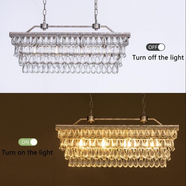 Wellmet Dining Room Crystal Chandelier, 30 Inch Antique Silver Rectangle Chandeliers Over Table, 4 Lights Farmhouse Kitchen Island Lighting, Vintage Crystal Chandelier Light Fixture for Living Room - Image 5