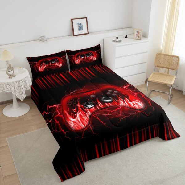Feelyou Kids Gaming Comforter Set,Boys Gamer Bedding Set Full Size,Teens Bedroom Room Decor,Red and Black Game Contoller Comforter,Geometric Fire Ombre Game Bed Set All Season for Game Lovers - Image 3