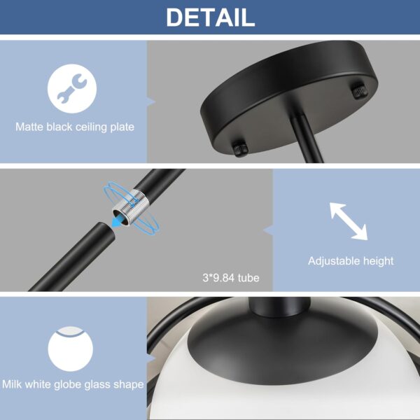 Glass Pendant Lights Kitchen Island Hanging Lamps 9.65" Mid Century Chandelier Black Modern Globe Chandelier Lights for Living Room Dining Room with Milk White Glass Globe,Adjustable Length - Image 5
