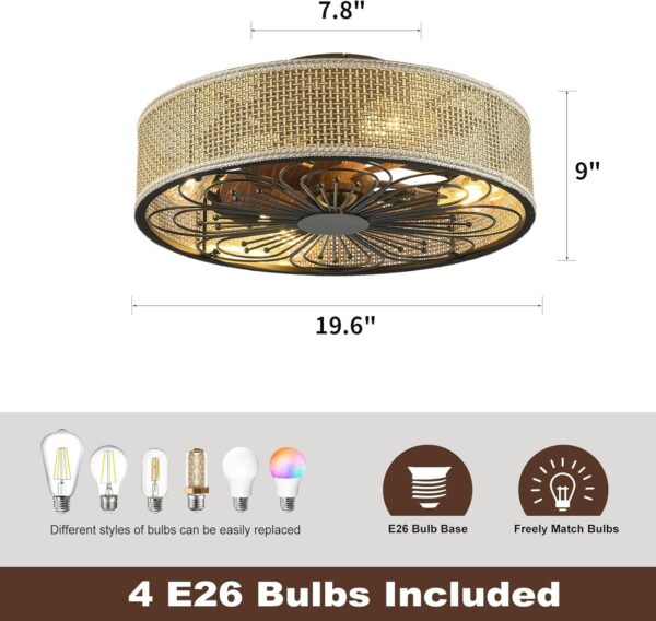 Modern Boho Rattan Flush Mount Ceiling Fans with Lights and Remote Control Low Profile Bladeless Ceiling Fan Timer and 6-Speed Reversible Motor for Bedroom, Kitchen, Dining Room Include Bulbs - Image 5