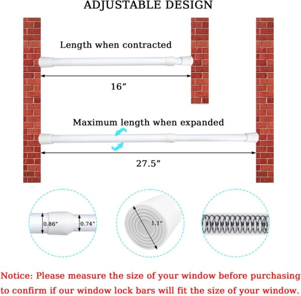 2 Pack Window Security Bars Adjustable Sliding Glass Door Lock Bars 15.7''-27.5'' Tension Rods 1.2'' Diameter Window Safety Lock Bar Stopper with Rubber Tips (White-2Pcs, 15.7''-27.5'') - Image 2
