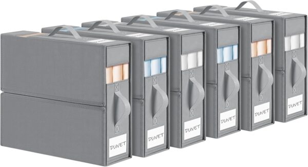 DIMJ Bed Sheet Organizers and Storage 6 Pack - Foldable Sheet Organizer for Linen Bedding Storage Box for organization, Sheets Set Holder for Blanke, Towel (King & Queen Size), Grey