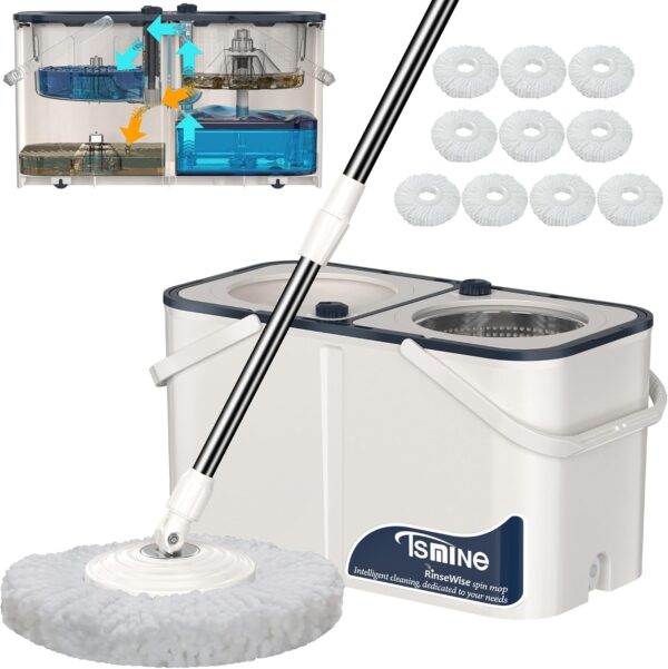 Mop and Bucket with Wringer Set for Home,4-Chamber Spin Mop and Bucket Separate Clean and Dirty Water,Hardwood Floor Mop Household Cleaning Tools with 10 Microfiber Replacement Head Refill - Image 9