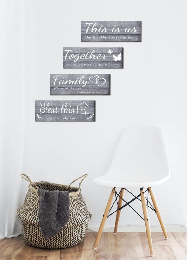 Joyhawk 4 Pieces Wall Decor Signs, THIS IS US, TOGETHER, BLESS THIS HOME, FAMILY Rustic Wooden Farmhouse Wall Art Décor For Living Room Bedroom Kitchen, , 4.7 x 13.8 Inch(Grey) - Image 8