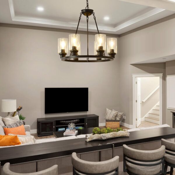 24“ Black Wagon Wheel Chandelier, 6-Light Farmhouse Glass Pendant Lights Kitchen Island Round Hanging Lighting fixtures Ceiling for Living Room, Dining Room, Kitchen Island, Entryway, Foyer - Image 9