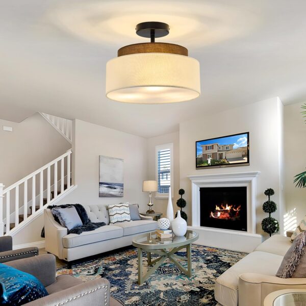 13" Double Drum 3-Light Semi Flush Mount Ceiling Light Fixture Farmhouse Fabric Chandelier with Linen Shade Rustic Black Ceiling Lamp for Bedroom Kitchen Dining Room Hallway Entryway - Image 7