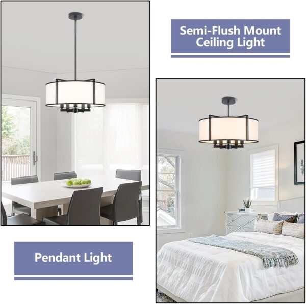 19.6'' Black Drum Chandelier 5-Light Modern White Fabric Chandeliers for Dining Room Adjustable Farmhouse Pendant Light Fixture for Kitchen Island Living Room Bedroom - Image 7