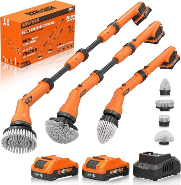 2 Battery Electric Spin Scrubber, 1000RPM Cordless Cleaning Brush Waterproof with 20V Power Supplied, Adjustable Extension Handle, 4 Replaceable Cleaning Heads, Hook, Gloves - for Tub/Tile/Wall/Floor