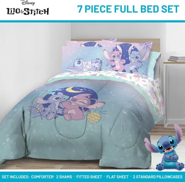 Disney Lilo and Stitch Full Size Comforter Set - 7 Piece Floral Bedding Includes Sheet Set & Pillow Covers Features Angel - Super Soft Purple & Teal Stars Kids Bedding - Image 2