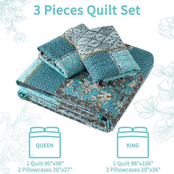 VAPUTAR Oversized King Size Quilt Bedding Set - Cotton California King Size Bedspreads (108 * 118 in) - Lightweight Floral Quilts for Farmhouse Bedroom (Teal/Green Chic, 3 Pieces) - Image 6