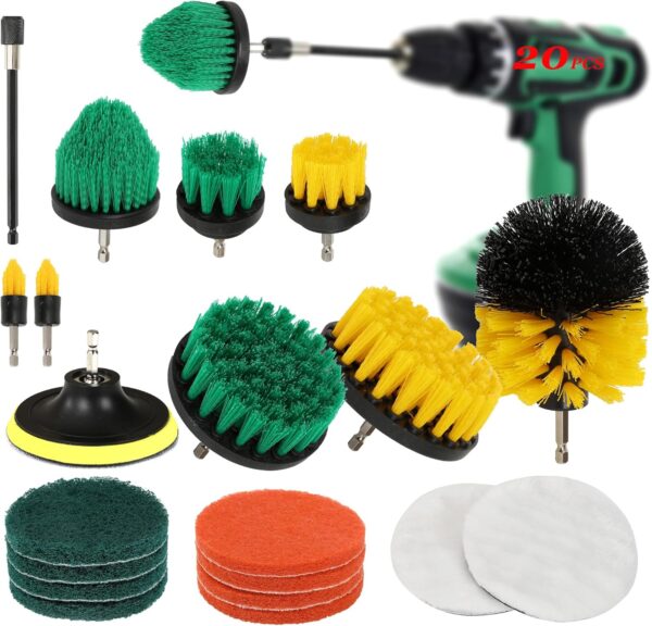 20Pcs Power Drill Cleaning Brush Attachment Kit, Yellow Cleaning Brushes Set for Shower, Green Electric Cleaning Brush for Kitchen, Household Cleaning Supplies