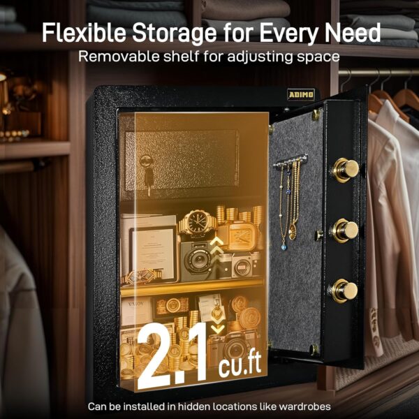 ADIMO Safe, 2.1 Cuft Heavy Duty Steel Home Safe with Digital Keypad&Key Lock, Built-In Lockable Cabinet, Hidden Wall Safe Storage for Document Jewelry w/Safe Box Fireproof Waterproof Bag Home Office - Image 6