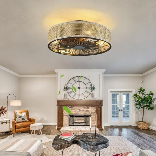Modern Boho Rattan Flush Mount Ceiling Fans with Lights and Remote Control Low Profile Bladeless Ceiling Fan Timer and 6-Speed Reversible Motor for Bedroom, Kitchen, Dining Room Include Bulbs - Image 2