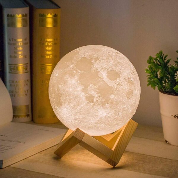 Mydethun 3D Moon Lamp with 5.9 Inch Wooden Base - Gift for Lover, LED Night Light, Mood Lighting with Touch Control Brightness for Home Décor, Bedroom, Women Kids Moonlight - White & Yellow