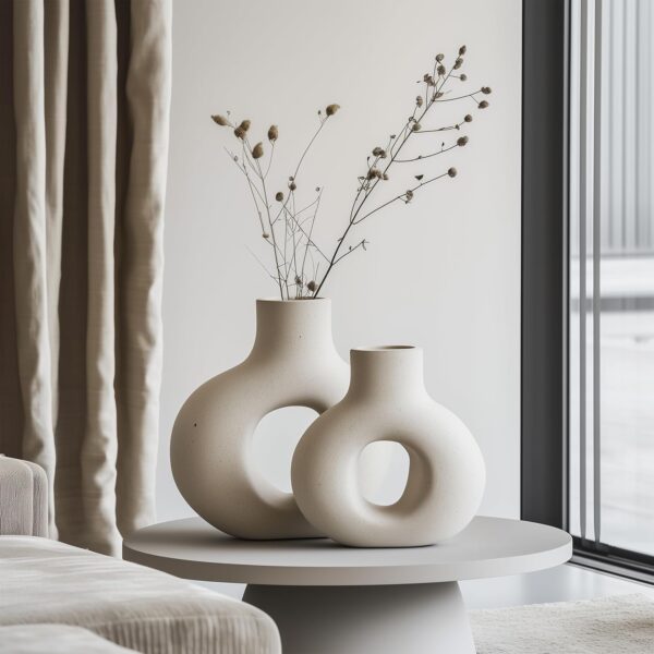 NOBULA White Ceramic Donut Vases – Modern Home Decor for Living Room, Bedroom & Table Centerpiece - Minimalist Nordic – Unique Vases for Olive Plant & Flowers – Decorative Coffee Table Vase Set of 2 - Image 6