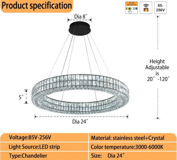 Modern Led Ring Chandeliers Dimmable Crystal Chandelier for Living Room Dining Room Ring Pendant Light Adjustable 24 inch Black - Image 3