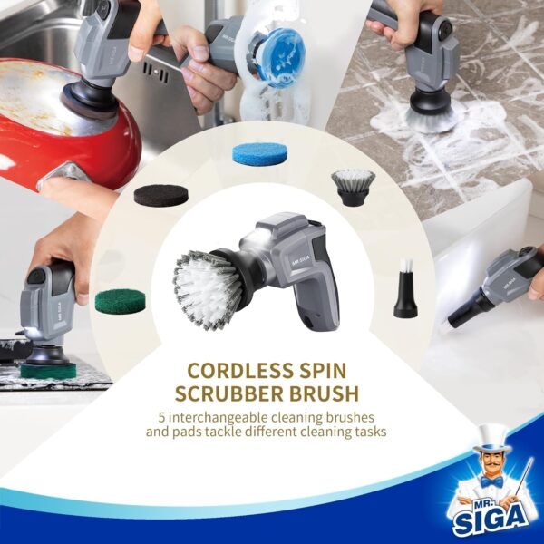 MR.SIGA Electric Spin Scrubber for Kitchen and Bathroom Cleaning, Waterproof Rechargeable Cordless Spin Scrubber with 5 Replaceable Cleaning Brushes and Pads - Image 5