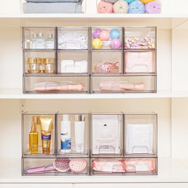 Vtopmart 4 Pack Clear Stackable Storage Drawers,7.6" H Plastic Organizers Bins for Skincare, Bathroom Supplies,Ideal for Cabinet,Undersink,Vanity,Kitchen,Pantry Organization - Image 2