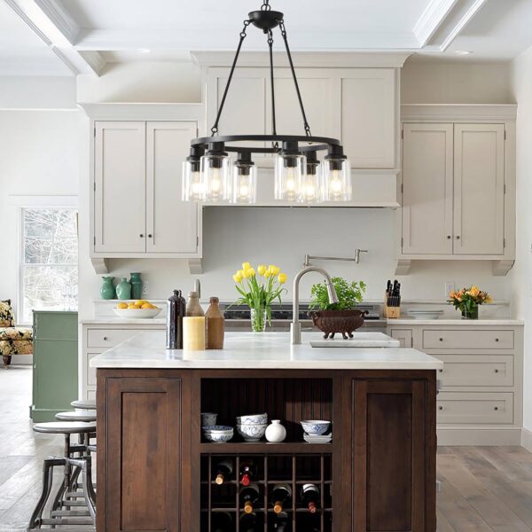 24“ Black Wagon Wheel Chandelier, 6-Light Farmhouse Glass Pendant Lights Kitchen Island Round Hanging Lighting fixtures Ceiling for Living Room, Dining Room, Kitchen Island, Entryway, Foyer - Image 8