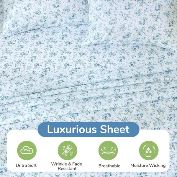 MUXHOMO King Size 4 Piece Sheet Set, Soft Breathable Bed Sheet Set for Bedroom with Deep Pocket Up to 16", Wrinkle-Free & Cooling Bedding for Oeko-TEX Certified - Blossoms Light Blue - Image 3