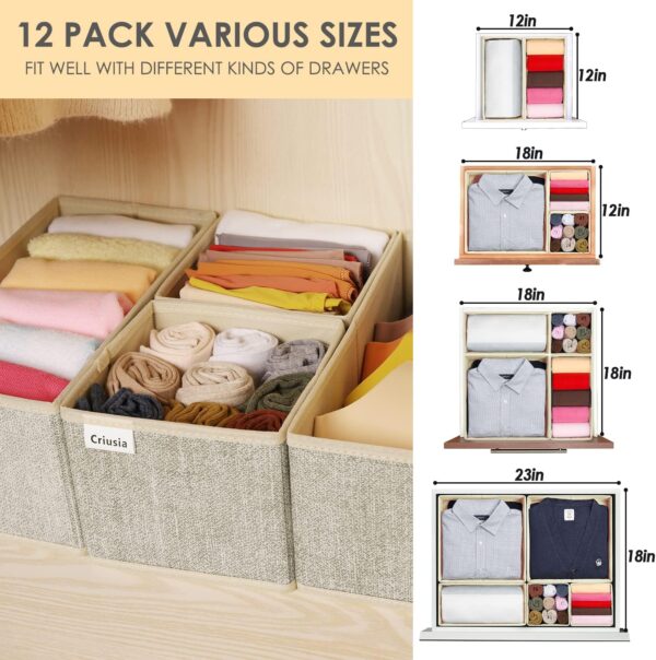 12 Pack Drawer Organizers for Clothing, Foldable Clothes Storage Box Closet Dresser Drawer Organizers Dividers, Bedroom Organization Fabric Bins for Baby Clothes Underwear Sock Bra Ties (Beige) - Image 3