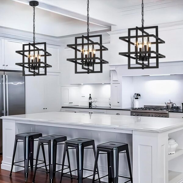 Modern Black Chandelier Rectangle Industrial Chandeliers Dining Room Hanging Pendant Light Fixtures for Kitchen Island Living Room Bedroom Foyer Height Adjustable - Image 2