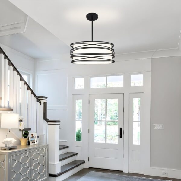 16" Black Drum Pendant Lighting Kitchen Island 3-Light Modern Farmhouse Chandelier with White Fabric Shade Rustic Hanging Light Fixtures for Dining Room Hallway Bedroom Foyer - Image 5