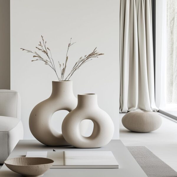 NOBULA White Ceramic Donut Vases – Modern Home Decor for Living Room, Bedroom & Table Centerpiece - Minimalist Nordic – Unique Vases for Olive Plant & Flowers – Decorative Coffee Table Vase Set of 2 - Image 5