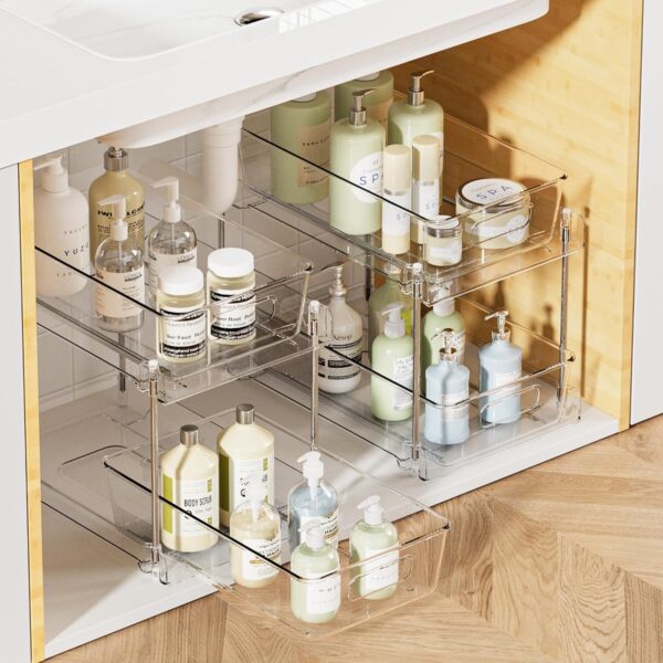 Vtopmart 2 Tier Bathroom Storage Organizer, 2 Pack Clear Under Sink Organizers Vanity Counter Container, Cabinet Drawers Bins, Pull-Out Organization with Track for Pantry, Kitchen - Image 2