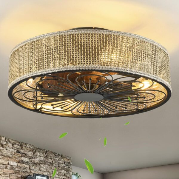 Modern Boho Rattan Flush Mount Ceiling Fans with Lights and Remote Control Low Profile Bladeless Ceiling Fan Timer and 6-Speed Reversible Motor for Bedroom, Kitchen, Dining Room Include Bulbs
