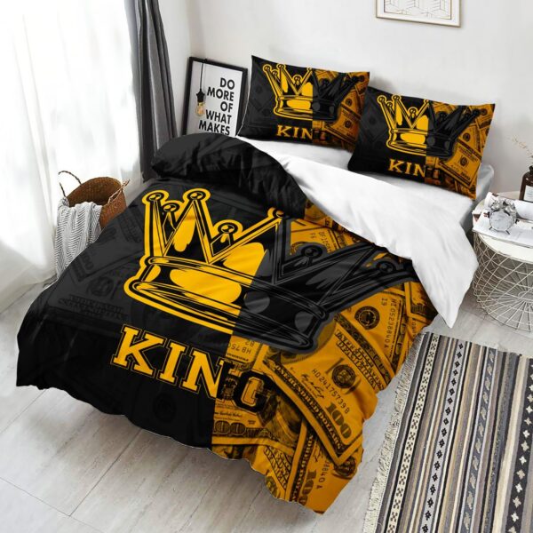 AILONEN Black and Gold King Crown Couple King Duvet Cover Set,3-Piece King and Queen Money Dollar Romantic Bedding Set for Adults Men Women,Bedroom Decor Soft Comforter Cover with 2 Pillowcases - Image 2