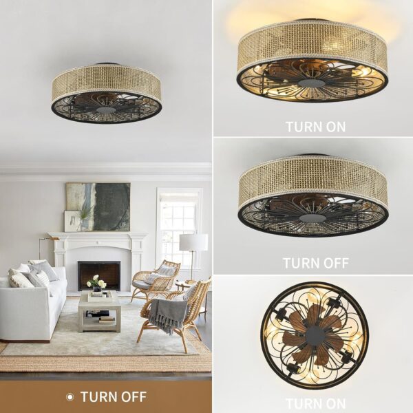 Modern Boho Rattan Flush Mount Ceiling Fans with Lights and Remote Control Low Profile Bladeless Ceiling Fan Timer and 6-Speed Reversible Motor for Bedroom, Kitchen, Dining Room Include Bulbs - Image 8