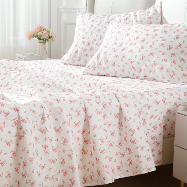MUXHOMO King Size 4 Piece Sheet Set, Soft Breathable Bed Sheet Set for Bedroom with Deep Pocket Up to 16", Wrinkle-Free & Cooling Bedding for Oeko-TEX Certified - Blossoms Pink - Image 6