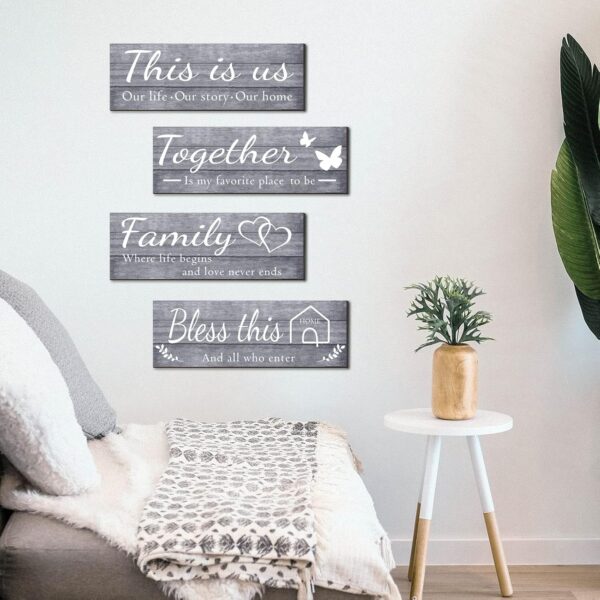 Joyhawk 4 Pieces Wall Decor Signs, THIS IS US, TOGETHER, BLESS THIS HOME, FAMILY Rustic Wooden Farmhouse Wall Art Décor For Living Room Bedroom Kitchen, , 4.7 x 13.8 Inch(Grey) - Image 7