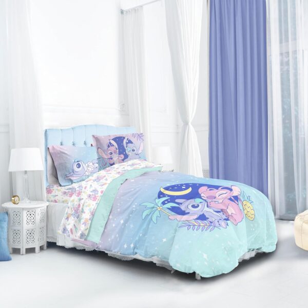 Disney Lilo and Stitch Full Size Comforter Set - 7 Piece Floral Bedding Includes Sheet Set & Pillow Covers Features Angel - Super Soft Purple & Teal Stars Kids Bedding - Image 5