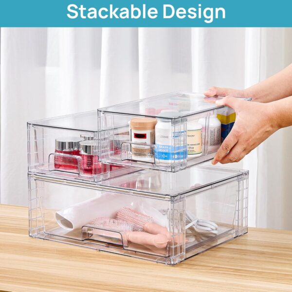Vtopmart 3 Pack Stackable Storage Drawers, Easily Assemble Acrylic Bathroom Undersink Organizers,Clear Plastic Storage Bins for Closet,Cabinet,Pantry,Medicine Organization - Image 4