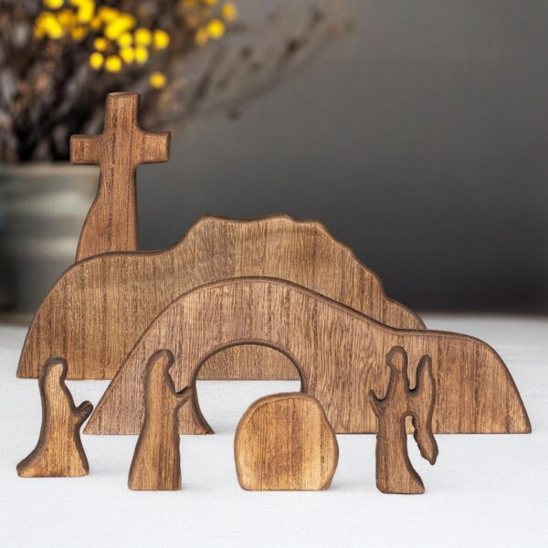 NEROSUN Empty Tomb Easter Scene and Cross Decoration, Wooden Easter Resurrection Scene Cross Jesus Tomb Tray Set, Jesus Nativity Scene Decor for Religious Home Office Tabletop - Image 5