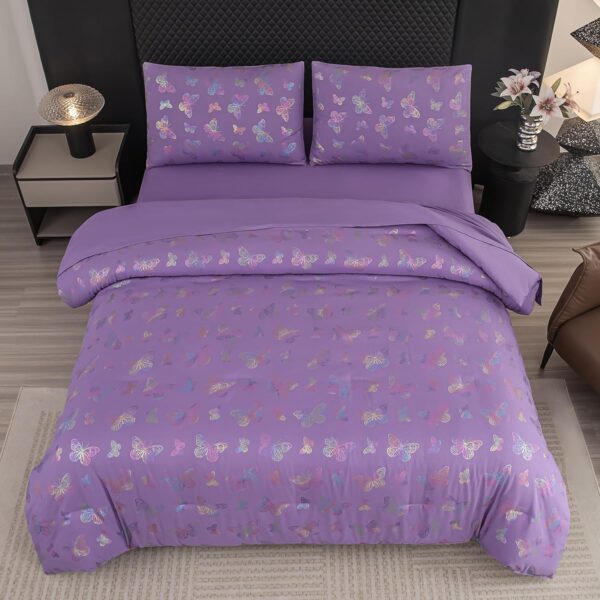 5-Piece Butterfly Comforter Set - Queen Size, Purple, Girls' Bedroom Comforter Set - Image 2