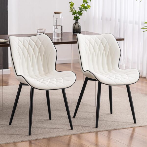 Kidol & Shellder White Dining Chairs Set of 2 Modern Kitchen Chairs with Back Armless Accent Chairs for Living Room Upholstered Faux Leather Chair Mid Century Comfy Side Chair with Metal Legs - Image 2