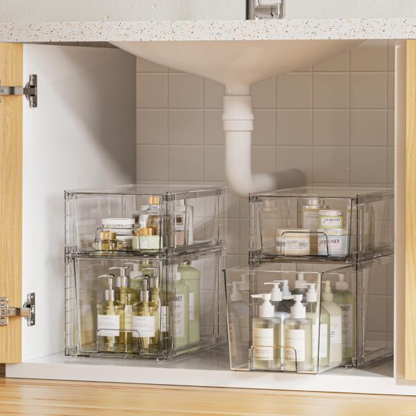 Vtopmart 4 Pack Clear Stackable Storage Drawers,Easy to Assemble Bathroom Organizers and Storage with handles,Plastic Drawers for Kitchen Pantry,Cabinet,Under Sink Organization - Image 2