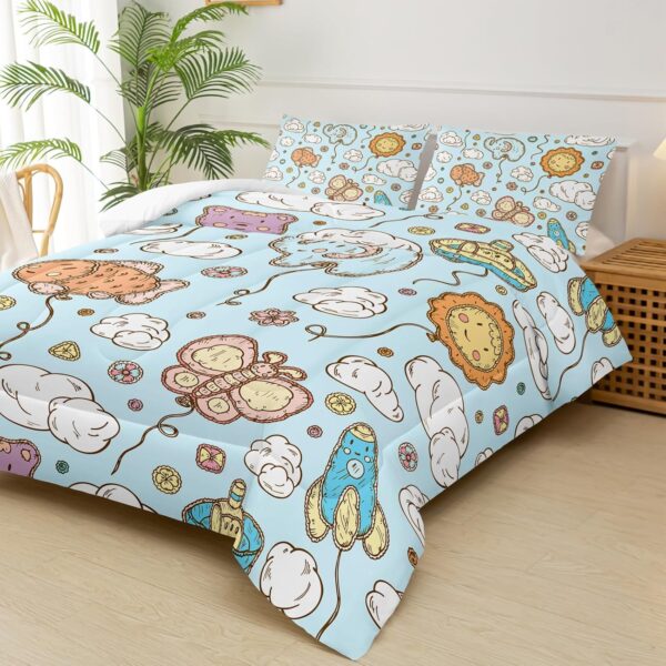 Blue Butterfly Cartoon Pattern Comforter Set Twin for Girls，Sun Clouds Floral Twin Bedding Set，Kawaii Quilt Set，Kids Bedroom Decor Girl/Boy Shared Room Comforter Set - Image 2